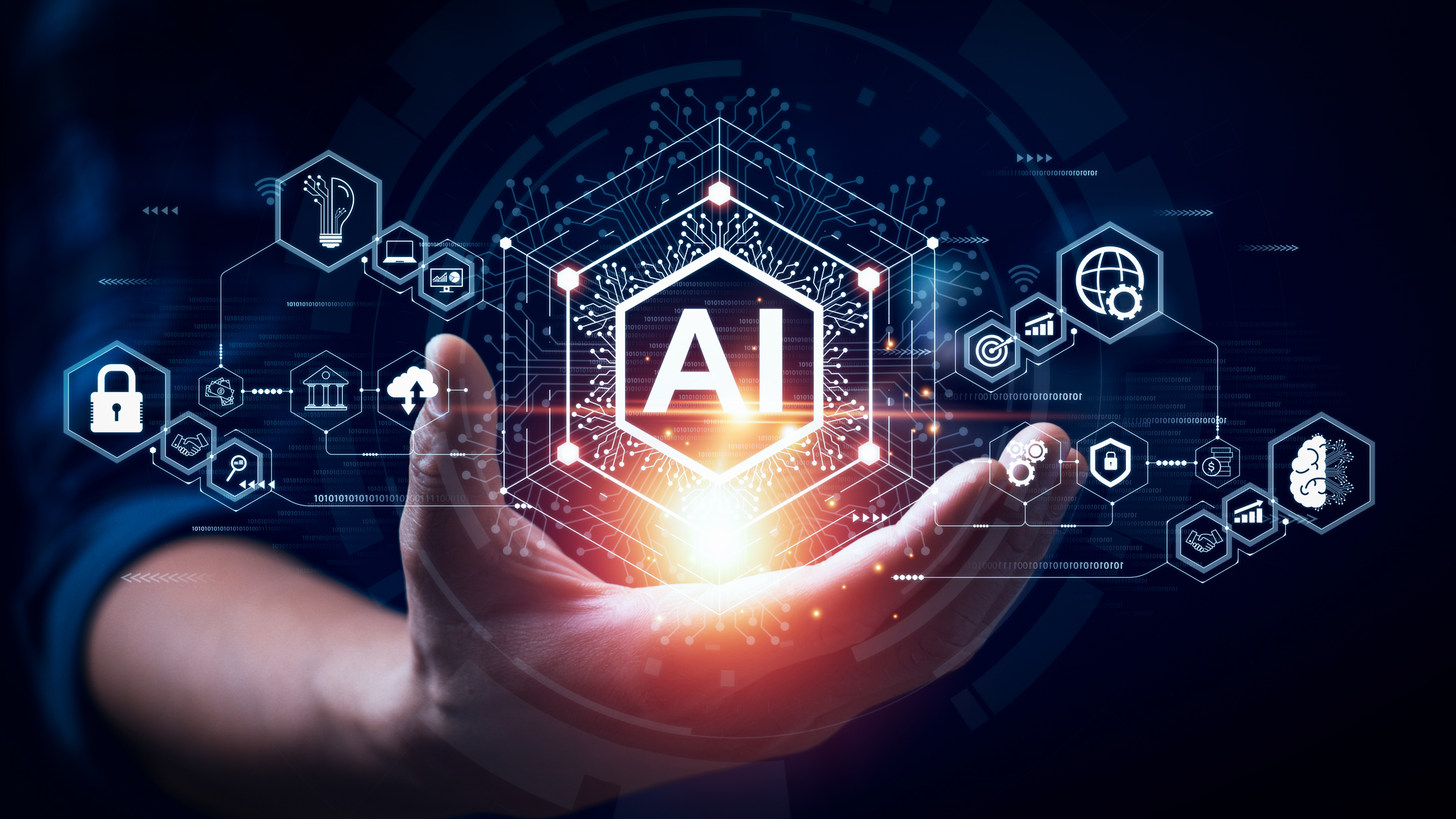 Businessman touching the brain working of Artificial Intelligence (AI) 
Automation, Predictive analytics, Customer service AI-powered chatbot, analyze customer data, business and technology