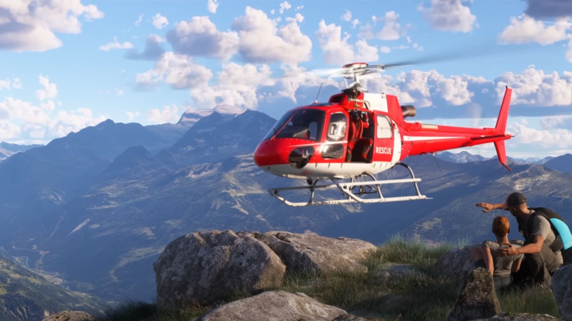 A mountain rescue taking place in Microsoft Flight Simulator 2024