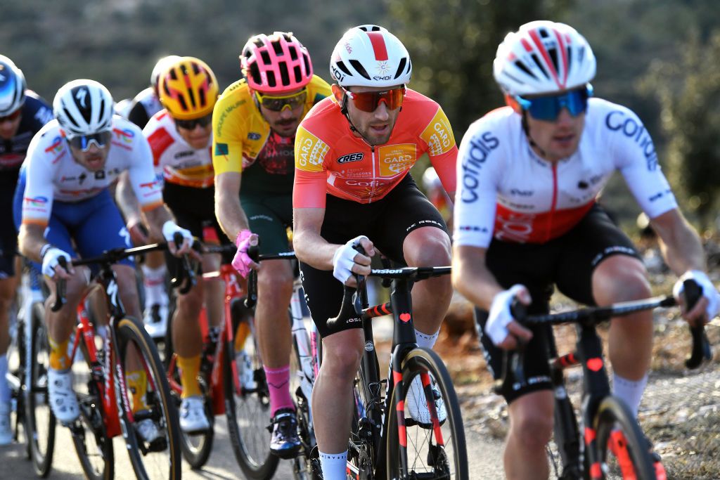 GARD FRANCE FEBRUARY 05 Benjamin Thomas of France and Team Cofidis Red Leader Jersey competes during the 52nd toile De Bessges Tour Du Gard 2022 Stage 4 a 145km stage from Saint Hilaire de Brethmas to Mont Bouqueton 617m EDB2022 February 05 2022 in Gard France Photo by Luc ClaessenGetty Images