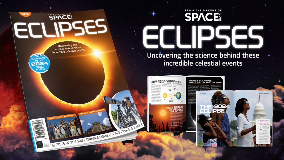 a dark background with a base of orange-hued clouds. in front, the image of a magazine showing an eclipse on the cover, on the right, smaller open magazines show people in sunglasses. the words 'SPACE COM ECLIPSES' are large.