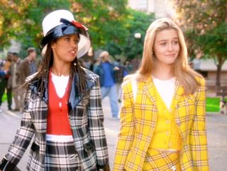 Stacey Dash (as Dionne Davenport), and Alicia Silverstone (as Cher Horowitz) arriving at school in plaid co-ords in the movie Clueless