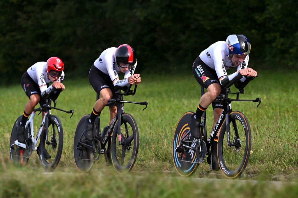 ZURICH SWITZERLAND SEPTEMBER 25 Marco Brenner Miguel Heidemann and Maximilian Schachmann of Team Germany sprint during the 97th UCI Cycling World Championships Zurich 2024 Mixed Relay Team Time Trial a 537km one day race from Zurich to Zurich on September 25 2024 in Zurich Switzerland Photo by Tim de WaeleGetty Images