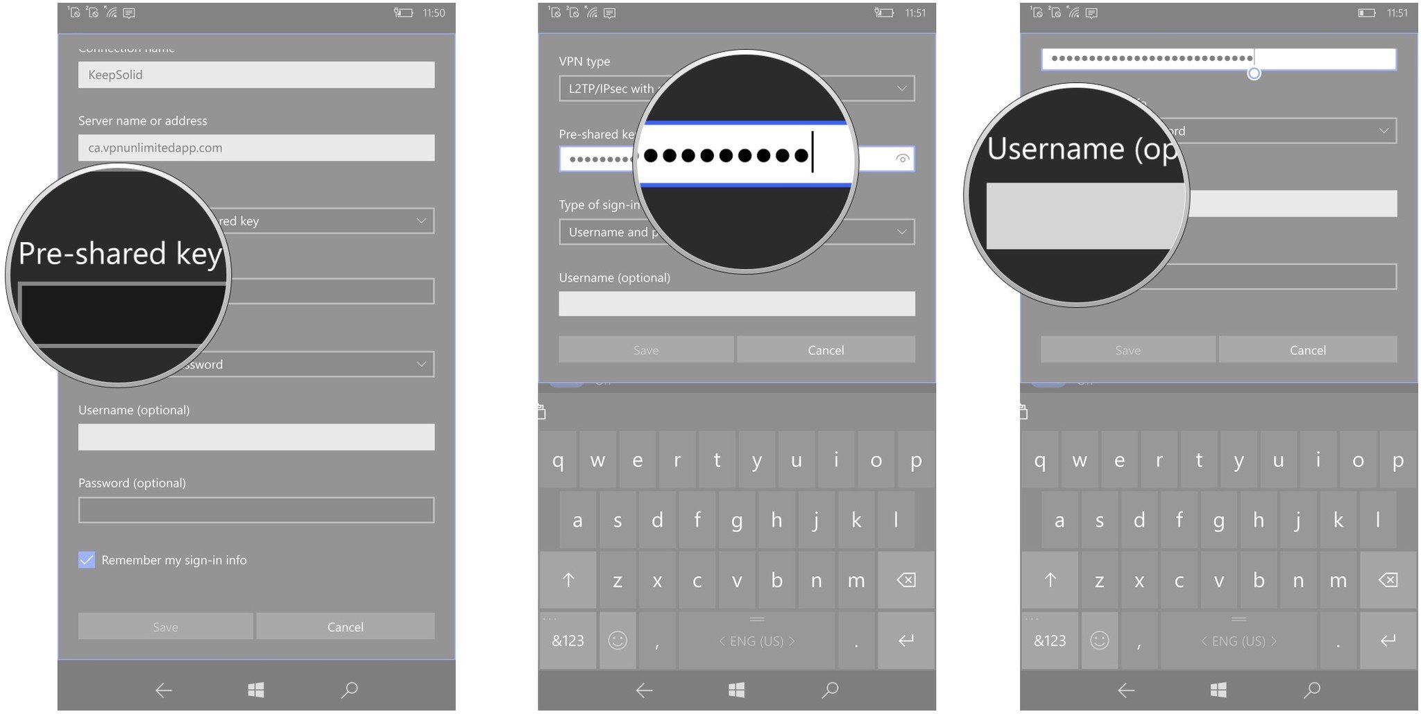 Tap the Pre-shared key field. Type a pre-shared key. Tap the username field.