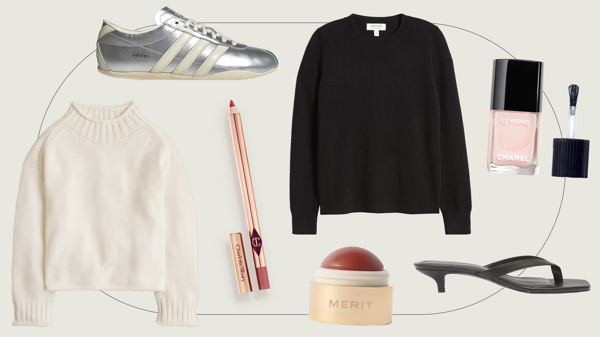 Collage of popular Adidas, J.Crew, Charlotte Tilbury,Replica Store, Merit, Chanel, and Open Edit products..