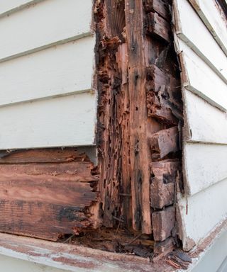 The corner of a white paneled house with dark wood with termite damage