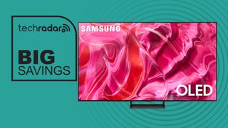 Samsung S90C TV on a pale blue background with text reading "Big savings"