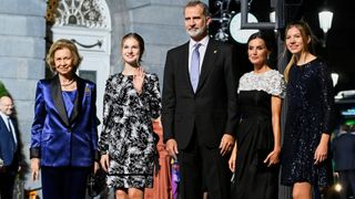 Queen Sofia of Spain, Crown Princess Leonor of Spain, King Felipe VI of Spain, Queen Letizia of Spain and Princess Sofia of Spain attend the "Princesa De Asturias" Awards 2022 ceremony at Oviedo Bullring on October 28, 2022 in Oviedo, Spain.