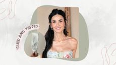 Image of Demi Moore smiling with half-up, half-down black hair and wearing a strapless dress, on a white marble background with a sage green circle, pink tried and tested banner and a circular image of the Dr Althea 345 Cream 