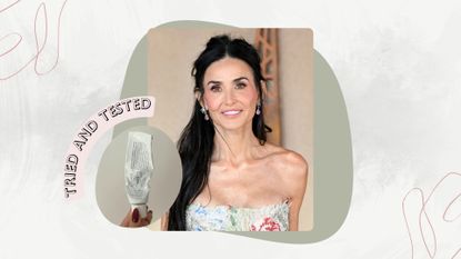 Image of Demi Moore smiling with half-up, half-down black hair and wearing a strapless dress, on a white marble background with a sage green circle, pink tried and tested banner and a circular image of the Dr Althea 345 Cream 