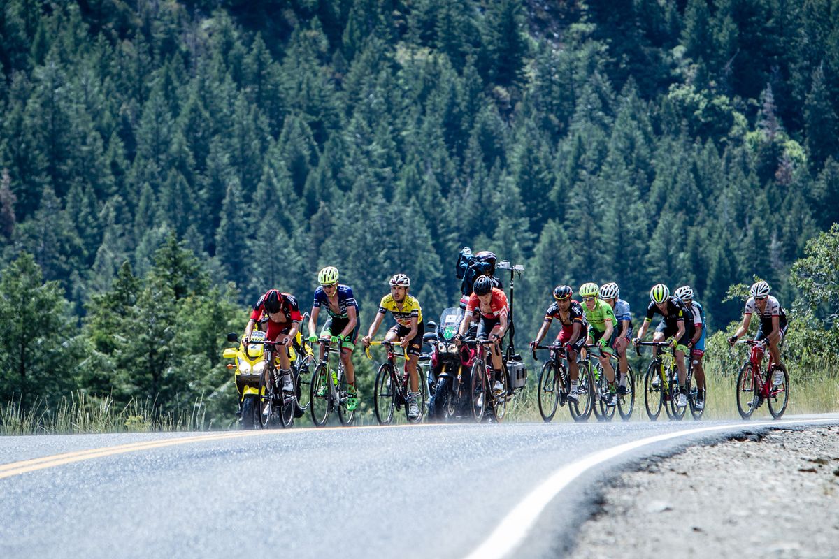 The front group makes its way up the steamy climb to Snowbird
