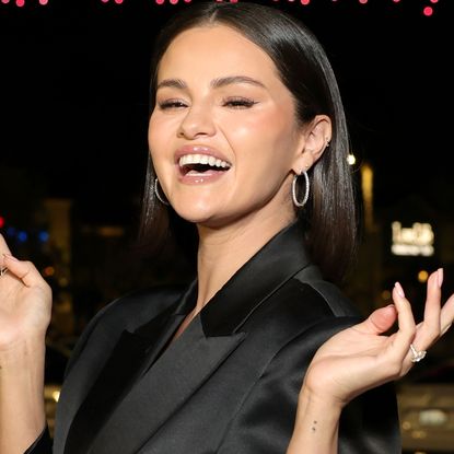 Selena Gomez wore ultra-wide-leg jeans with a cropped black jacket