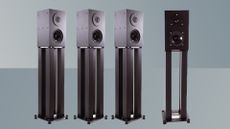 Four Custom Design KS2 speakers shown on stands against a gradient silver background