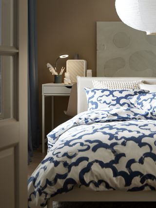 Bedroom with blue bedding set