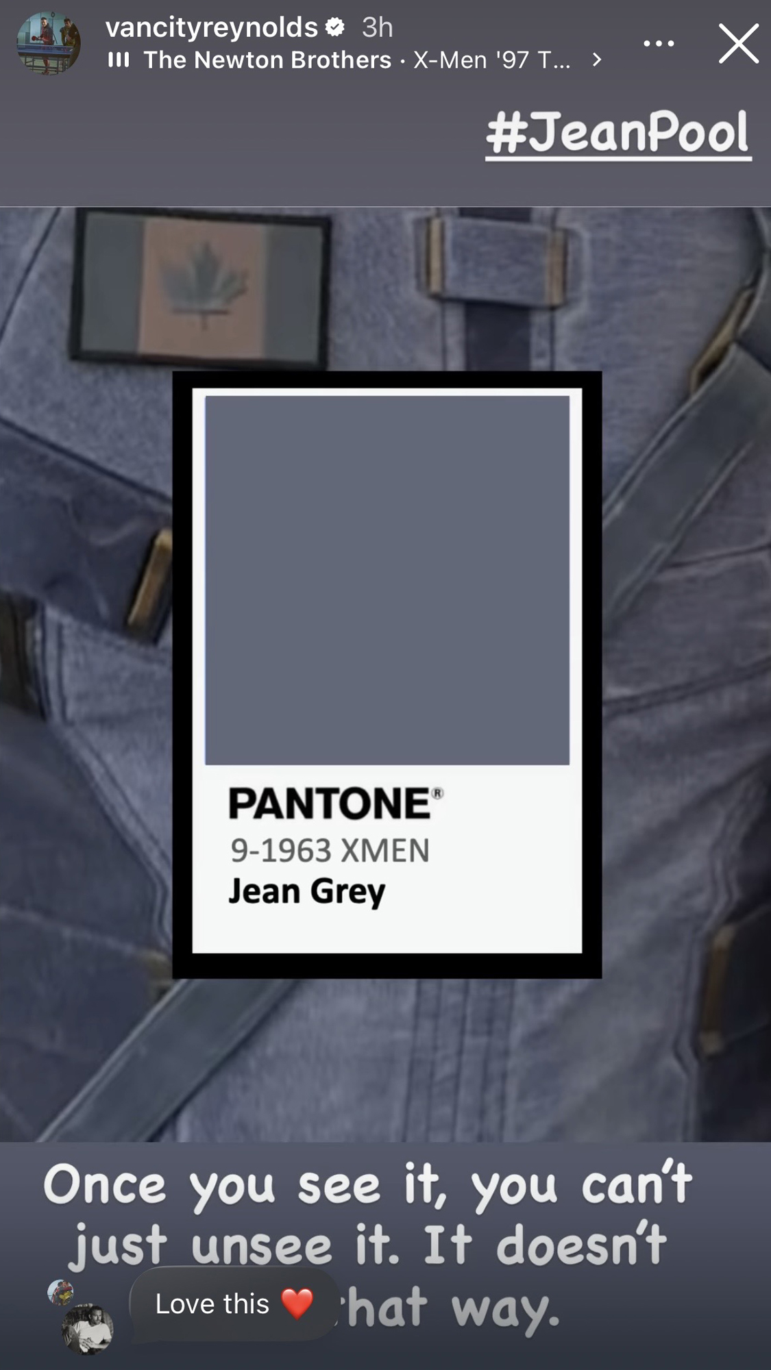Close-up of Ryan Reynolds' grey Deadpool suit and a fake Pantone color swatch to put the debate on whether it's blue or grey to rest.