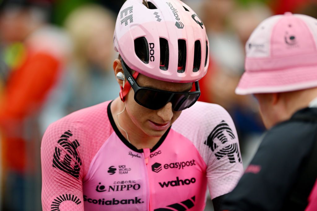 MONTREAL QUEBEC SEPTEMBER 10 Neilson Powless of The Netherlands and Team EF EducationEasypost reacts after the 12th Grand Prix Cycliste de Montreal 2023 a 2214km one day race from Montreal to Montreal UCIWT on September 10 2023 in Montreal Quebec Photo by Dario BelingheriGetty Images