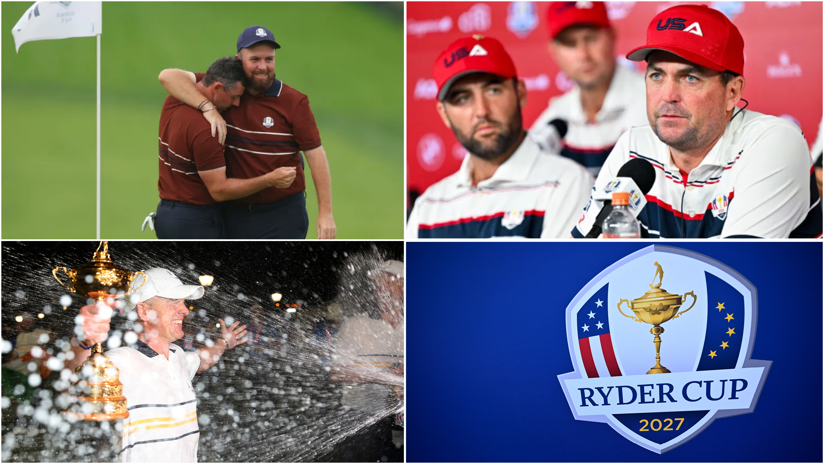 Rory McIlroy and Shane Lowry cuddling, Keegan Bradley speaking at a Ryder Cup press conference, Luke Donald being showered in champagne and the Ryder Cup 2027 logo