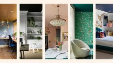 compilation image of various rooms showing paint color schemes to highlight the best color for ceilings according to interior designers