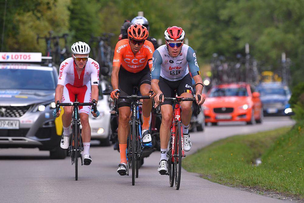 Jelle Wallays of Belgium and Team Lotto Soudal / Kamil Gradek of Poland and CCC Team / Szymon Rekita of Poland and Team Poland in the breakaway at Tour de Pologne stage 5