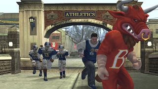 A football team and red bull mascot running in Bully