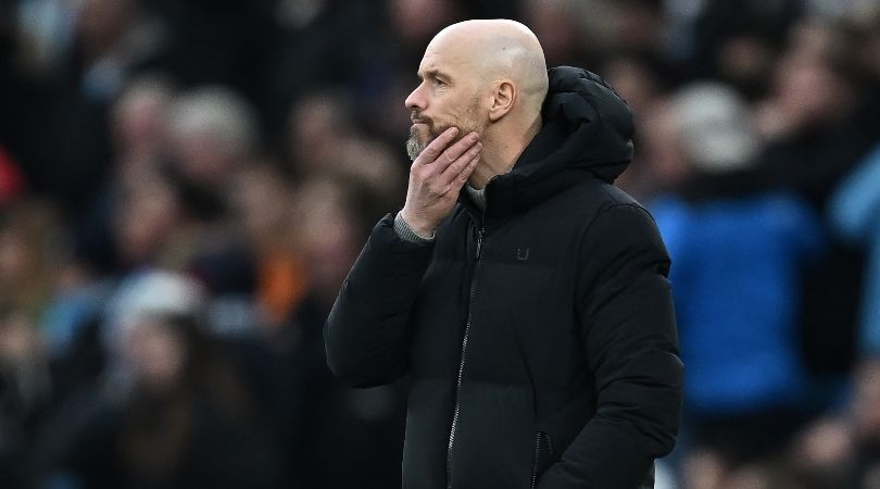 Erik ten Hag looks on during Manchester United&#039;s defeat to Manchester City in the Premier League in March 2024.