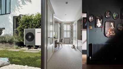 An image with a heat pump on the experior of a house / A grey dressing room with light grey carpet and a small dog on the floor / A dark hallway with a dark green radiator and eclectic art on the wall 