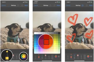 How to draw on your photos with the Markup editor in Photos on iPhone and iPad by showing steps: Tap your drawing tool, choose a color from the picker, then draw