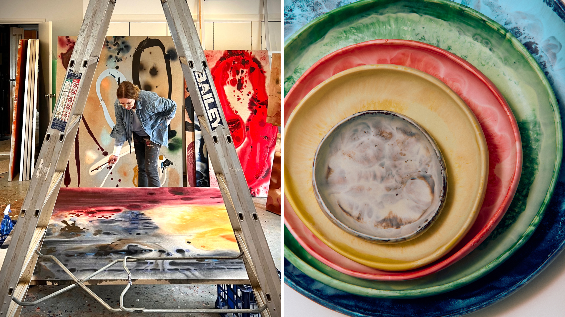 Two images showing Louise Olsen painting a large canvas in her studio and her ceramic pieces on the right