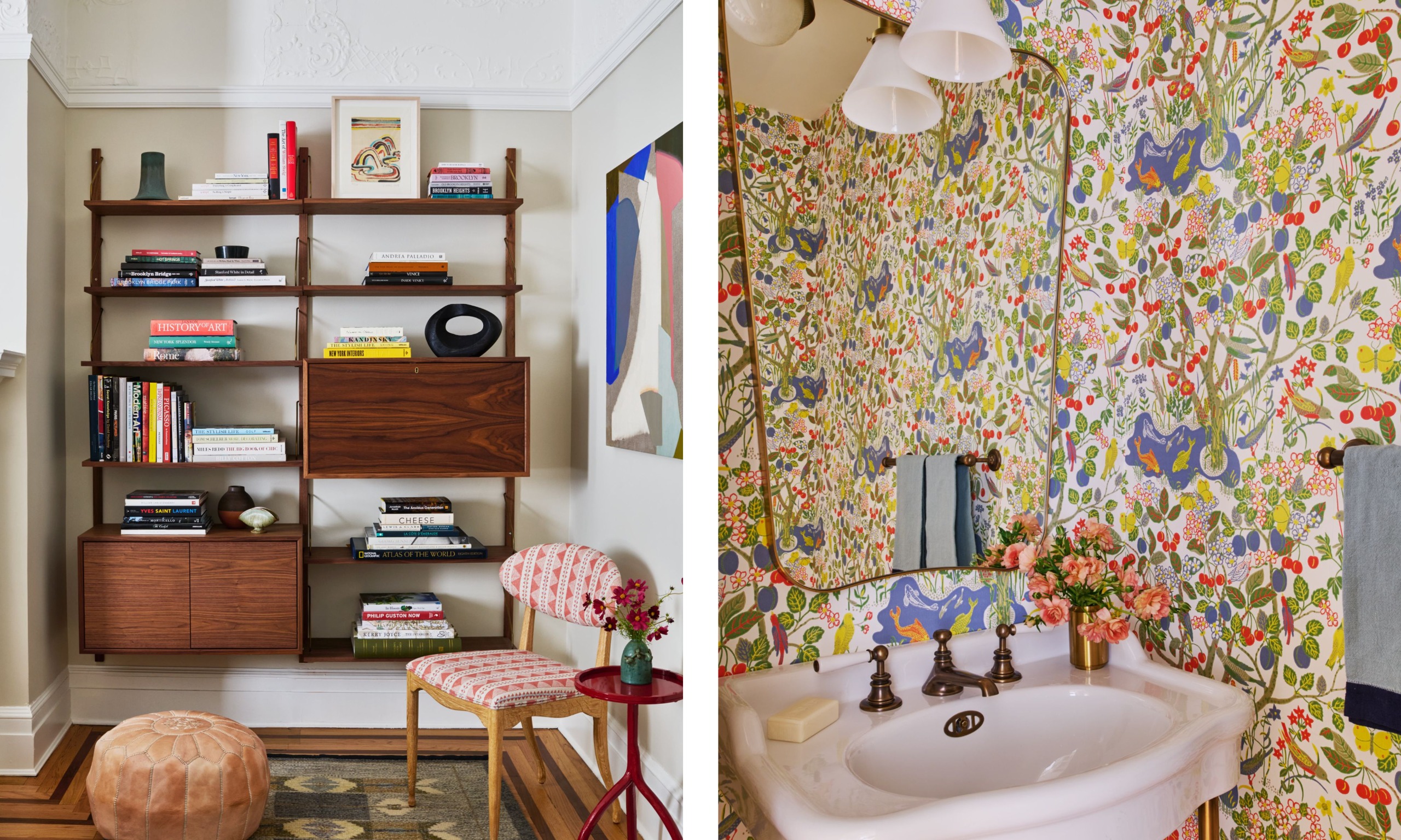 two shots next to each other. On the left, a wall hung wood bookshelf, on the right, a powder room with patterned wallpaper