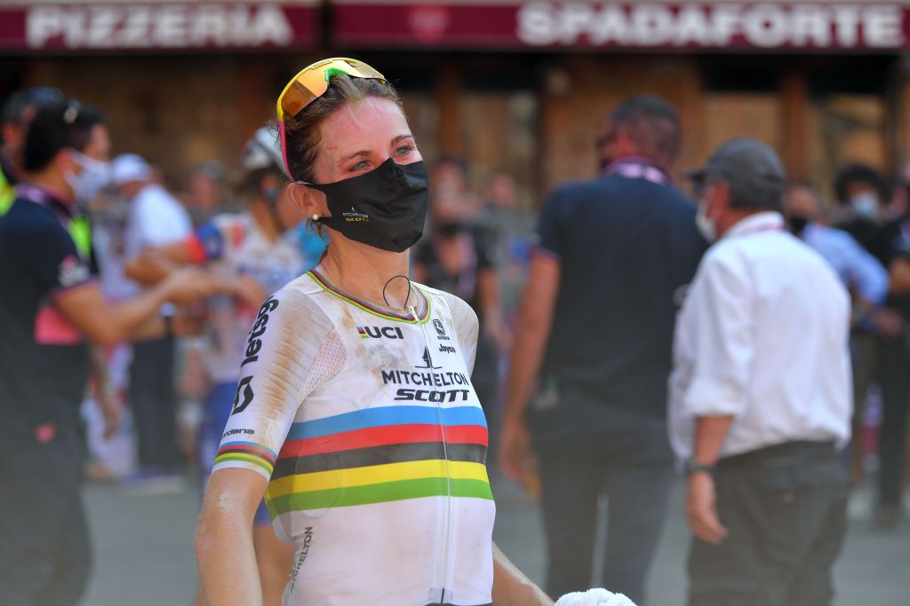 SIENA ITALY AUGUST 01 Arrival Annemiek Van Vleuten of The Netherlands and Team Mitchelton Scott World Champion Jersey Celebration during the Eroica 6th Strade Bianche 2020 Women Elite a 136km race from Siena to Siena Piazza del Campo StradeBianche on August 01 2020 in Siena Italy Photo by Luc ClaessenGetty Images
