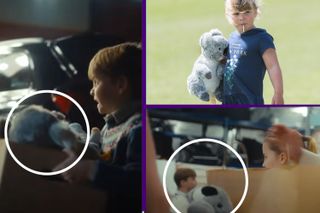 Two Prince Louis screen grabs showing toy koala he is donating and Mia Tindall clutching her similar toy koala back in 2017