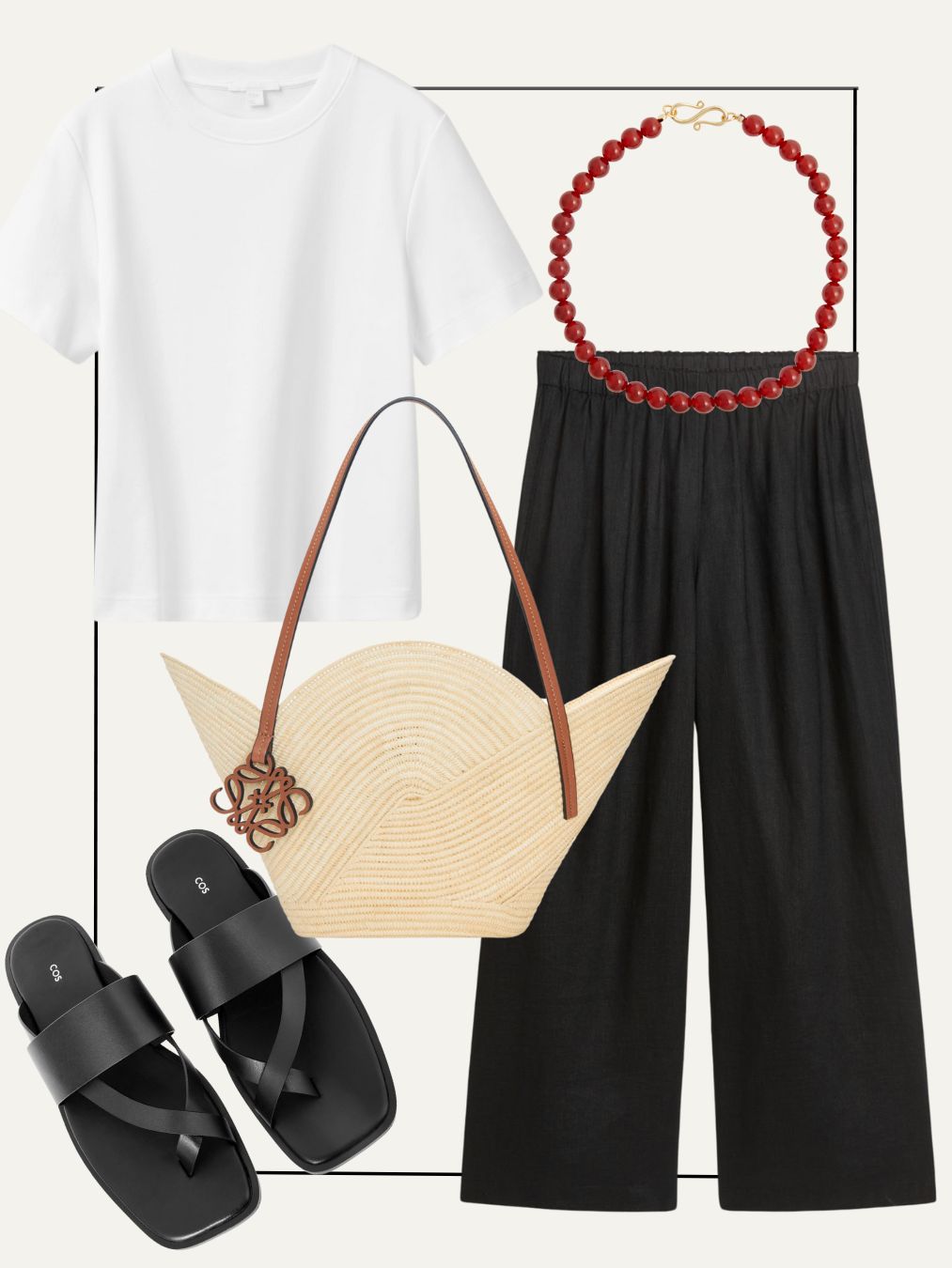 Collage of linen trousers, sandals, t-shirt, basket bag, necklace