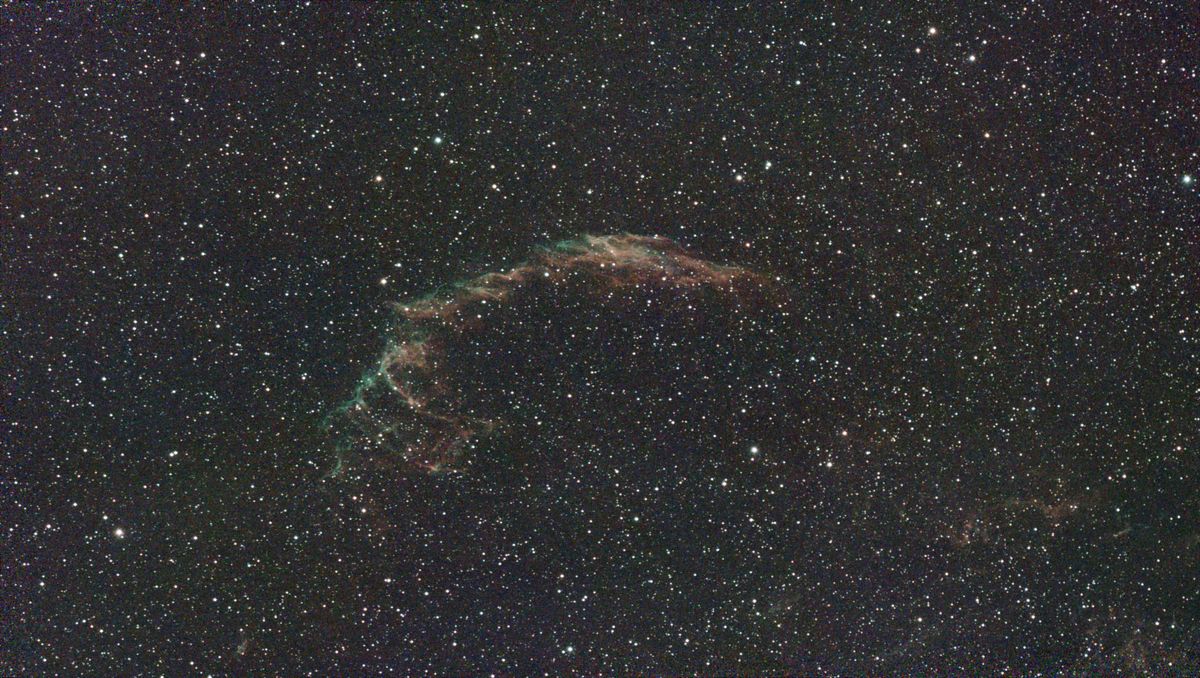 A photograph of the East Veil nebula taken with the Dwarf III smart telescope, unprocessed