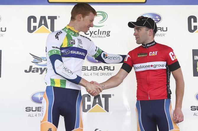 Nathan Earle presented Jack Haig with the NRS leaders jersey.