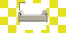 Image of an off-white boucle bench on a yellow and white background.