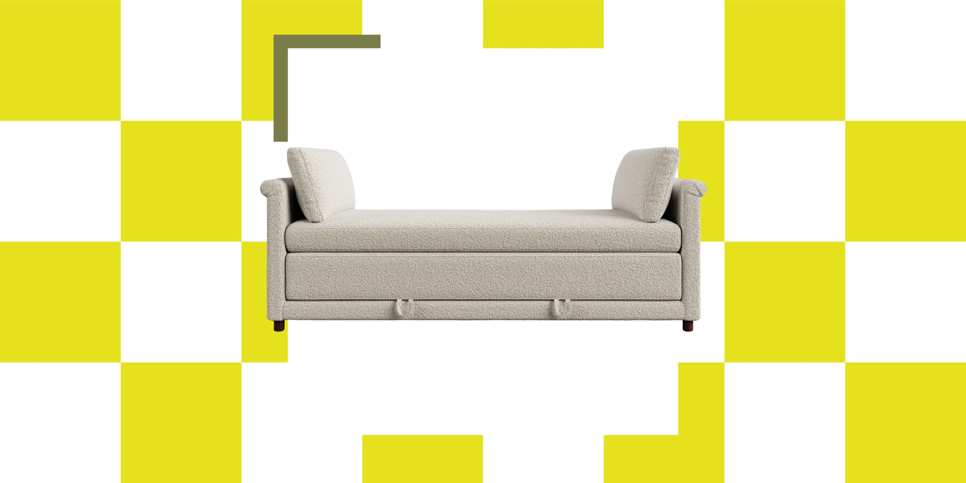 Image of an off-white boucle bench on a yellow and white background.