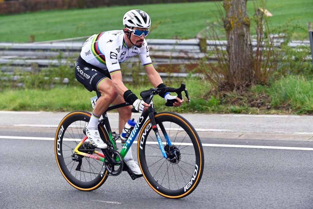 OUDENAARDE, BELGIUM - APRIL 04: Julian Alaphilippe of France and Team Deceuninck - Quick-Step during the 105th Ronde van Vlaanderen - Tour of Flanders 2021, Men&#039;s Elite a 251,5km race from Antwerp to Oudenaarde / #RVV21 / #rondevanvlaanderen / #tourofflanders / on April 04, 2021 in Oudenaarde, Belgium. (Photo by Nico Vereecken - Pool/Getty Images)