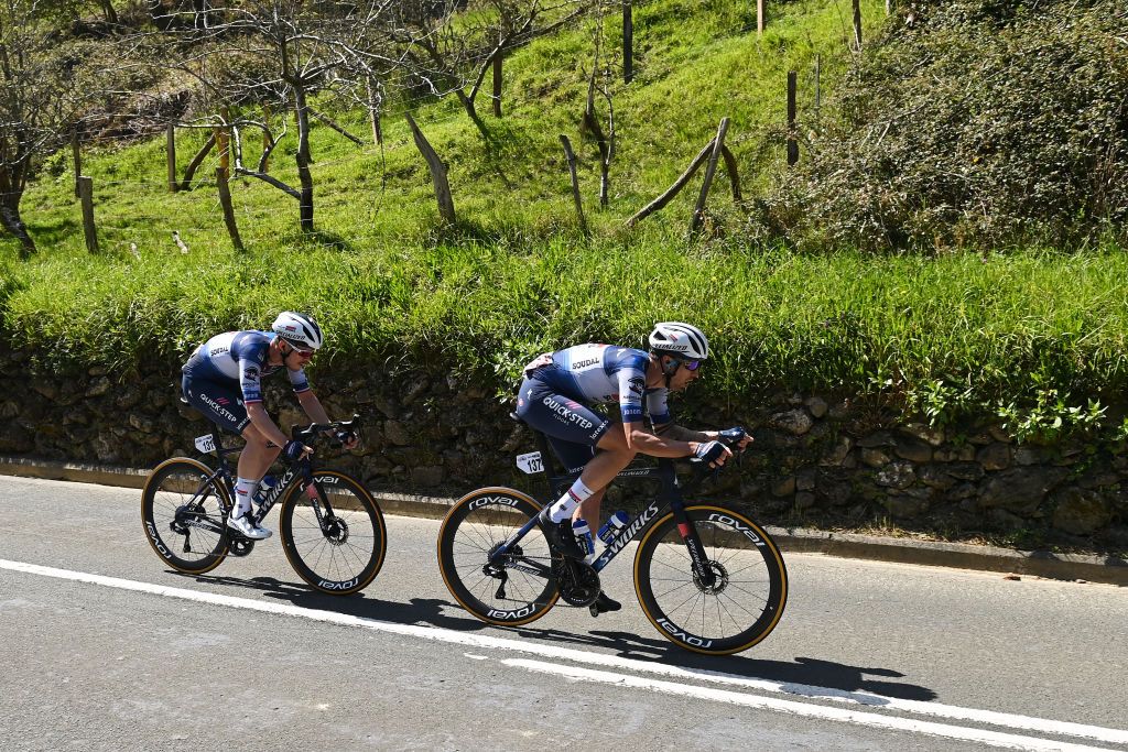 AMOREBIETA SPAIN APRIL 07 Remi Cavagna of France and Mattia Cattaneo of Italy and Team Soudal QuickStep compete in the breakaway during the 62nd Itzulia Basque Country Stage 5 a 1659km stage from Amorebieta to Amorebieta on April 07 2023 in Amorebieta Spain Photo by David RamosGetty Images