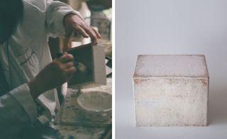 Pictured left: a peek into artist Michiko Iwata's workshop. Right: he has created stark paulownia pulp boxes for the collection