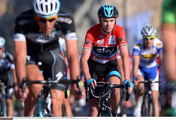 Chris Froome (Sky) crosses the line at the end of the Tour of Oman.