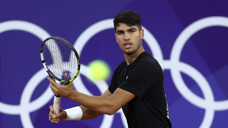  Carlos Alcaraz of Team Spain trains for the tennis live stream at Olympics 2024