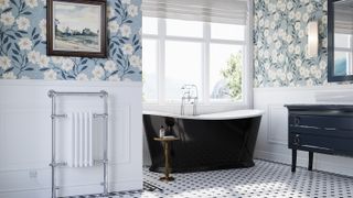luxury bathroom with black rolltop bath and bathroom wallpaper