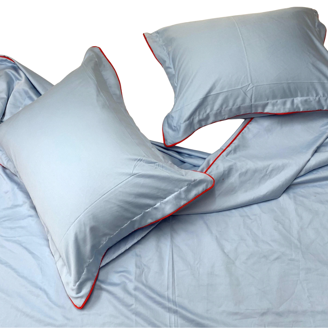 Eyelet Home Decor, Light Blue Cotton Sateen Piped Border Duvet Cover Set