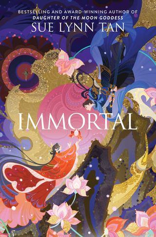 immortalby sue lynn tan book cover with abstract shapes of a couple in the sky with flowers and mountains