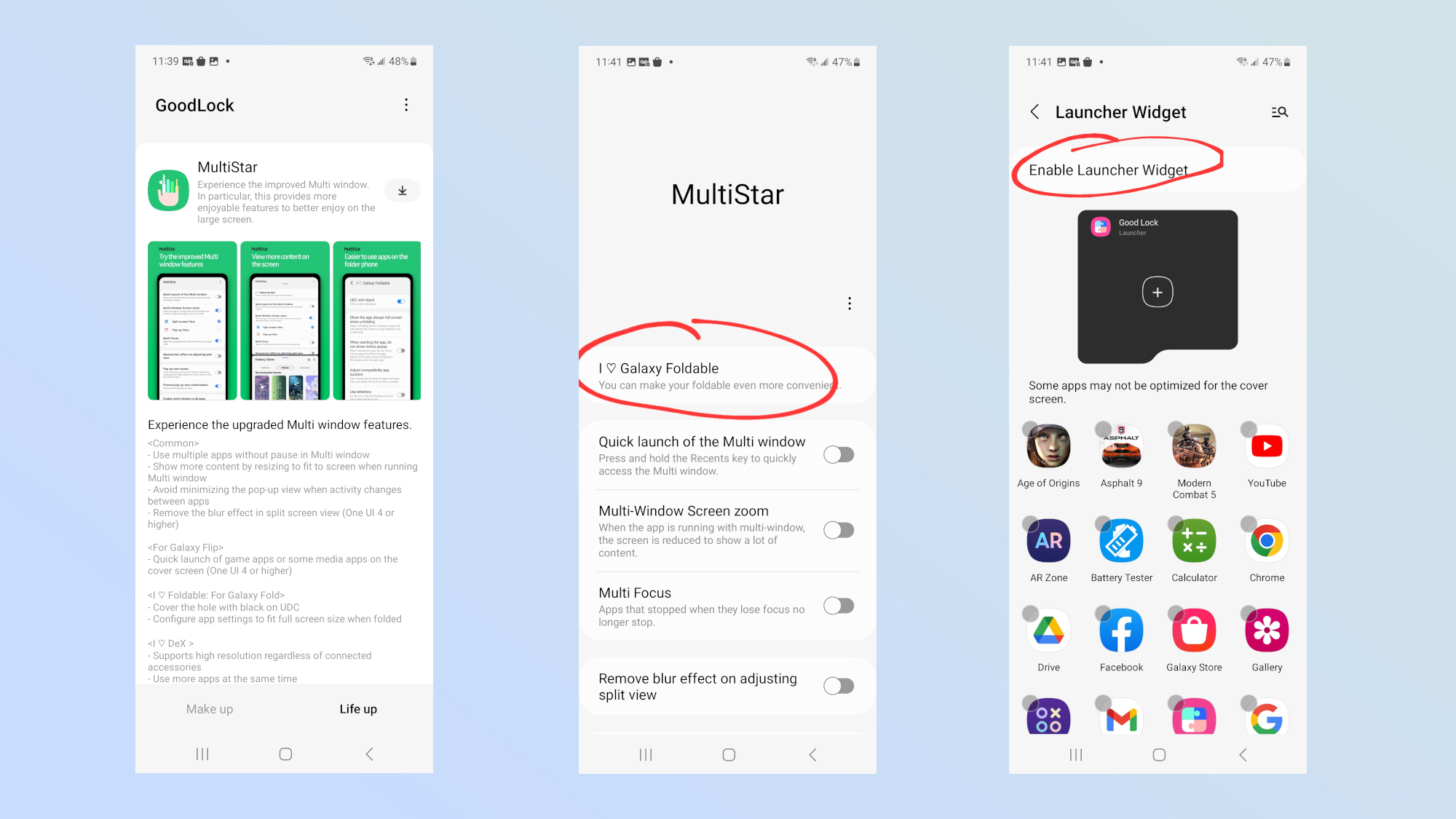 Screen shots showing how to install MultiStar in Good Lock app for Samsung Galaxy Z Flip 5.