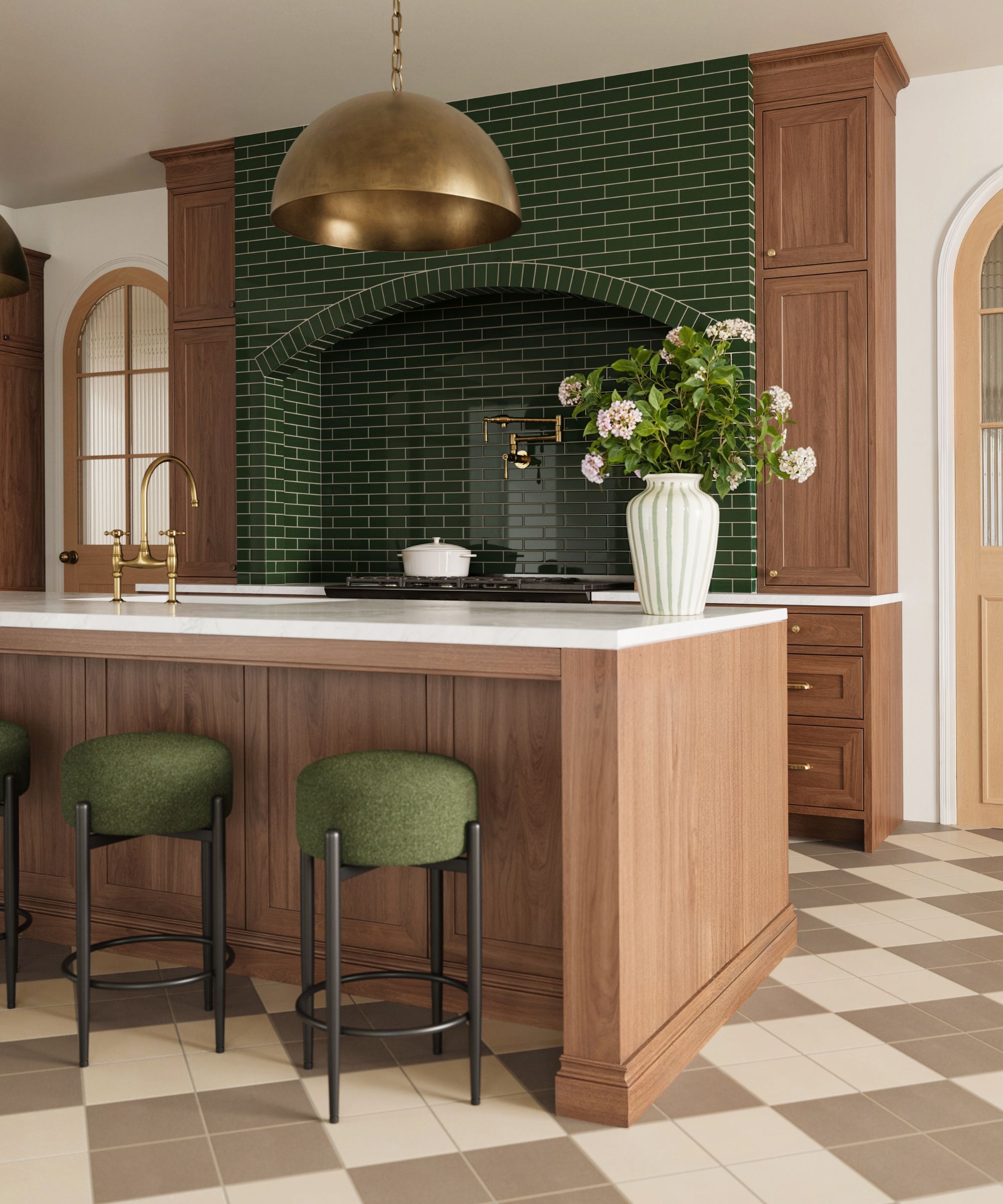 A traditional kitchen with wooden cabinetry and island, a checkerboard floor, and a green tiled range surround