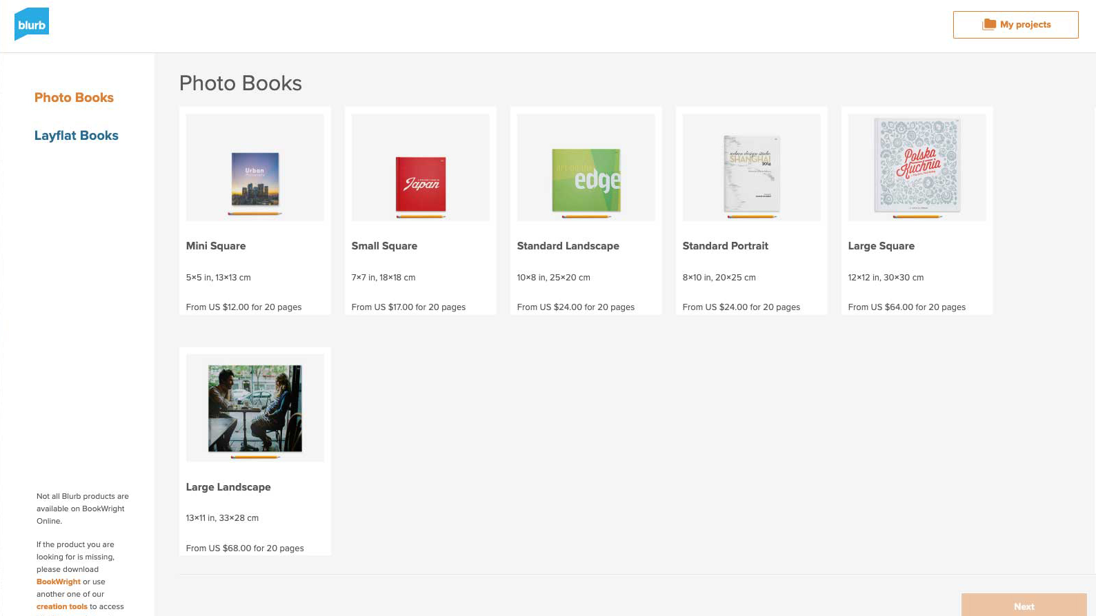 A screenshot of the Blurb photo book website interface