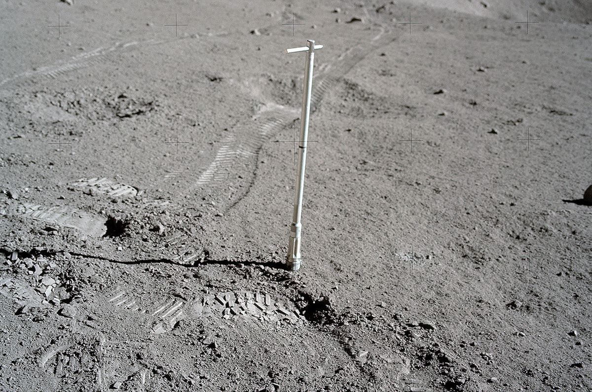 A drive tube pounded into the lunar regolith by Apollo 17 astronauts Gene Cernan and Harrison Schmitt collected a core sample that has remained sealed for almost 50 years. It will now be opened for scientific study using modern technology and techniques.