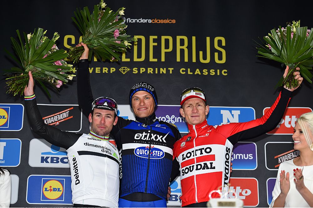 Mark Cavendish, Marcel Kittel and Andre Greipe on the Scheldeprijs podium