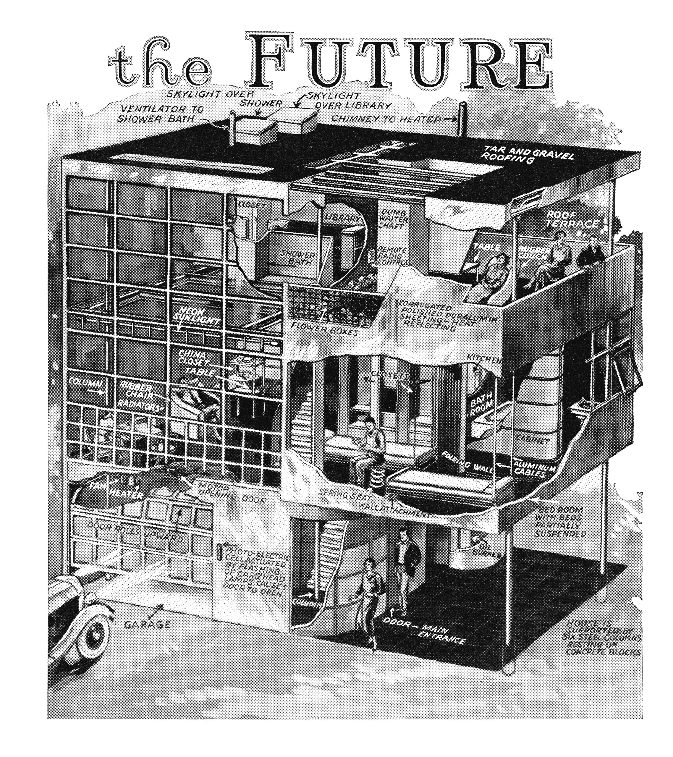 A. Lawrence Kocher and Albert Frey (architects) and Logan U. Reavis (illustrator), &amp;ldquo;The Home of the Future&amp;rdquo; cutaway illustration of Aluminaire House