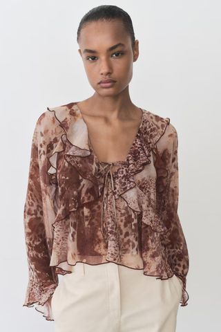 Mango Printed Blouse with Ruffles and Bow Detail